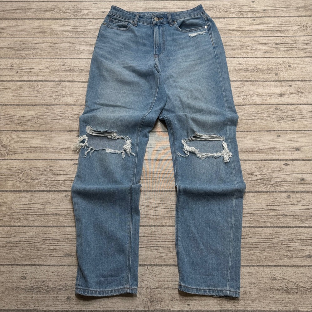 American Eagle Mom Jeans Women's 6 Long Blue Denim Distressed Ripped High Rise